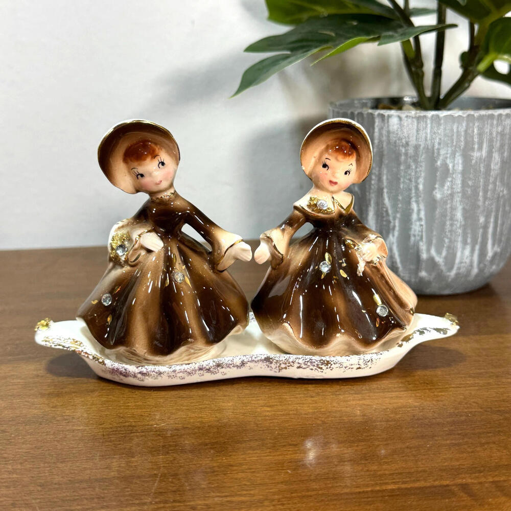 Vintage Enesco Golden Girls Salt and Pepper Shaker Set Gold Trim 1950s Japan